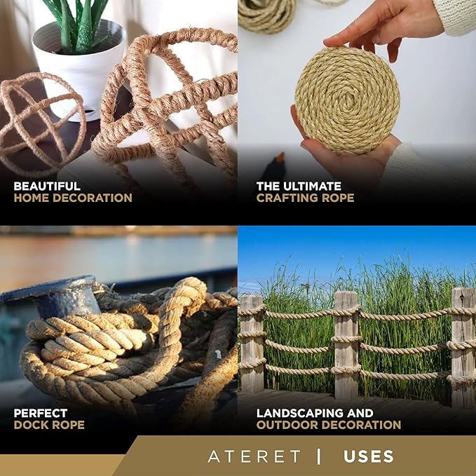 ATERET Twisted ProManila - UnManila Rope I 1 1/2 inch x 50 feet I 3 Strand Synthetic Polypropylene Rope I Multipurpose, Lightweight, Weather-Resistant Cord for Decor, Landscaping & DIY Projects