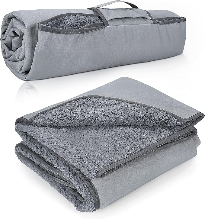 Tirrinia Waterproof Outdoor Blanket with Sherpa Lining, Windproof Triple Layers Warm Comfy Foldable for Camping Stadium, Beach, Picnic, Grass, Concerts, Car, Dog, 51''X 59'' & 59''X 80''