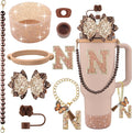 9PCS Brown for Stanley Cup Accessories Set Bling Initials Bow Charms for Stanley Decorations 30/40 Oz Tumbler Accessories Including Bow Straw Topper, Handle Strap, Spill Stopper（Letter N）