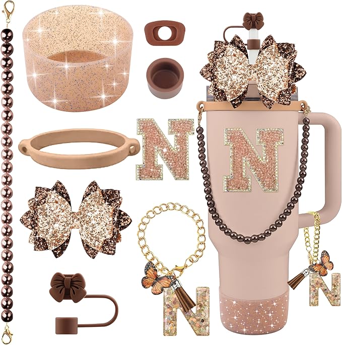 9PCS Brown for Stanley Cup Accessories Set Bling Initials Bow Charms for Stanley Decorations 30/40 Oz Tumbler Accessories Including Bow Straw Topper, Handle Strap, Spill Stopper（Letter N）