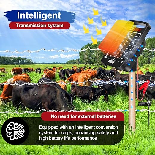 5 Miles Solar Powered Electric Fence Charger – 0.11J Output, 24/7 Day/Night Protection, Portable Fence Energizer for Dogs, Chickens, Garden & Livestock, Rechargeable Solar Panel, Rugged & Waterproof