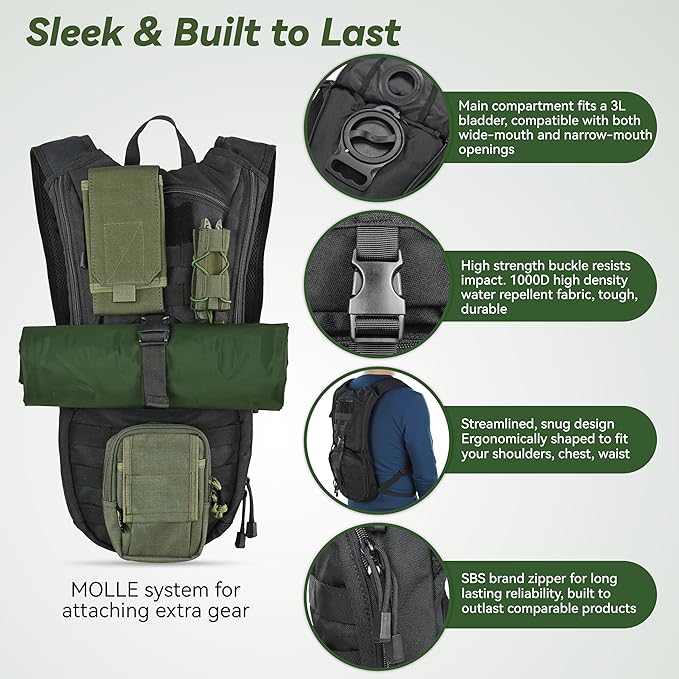 MARCHWAY Tactical Molle Hydration Pack Backpack with 3L TPU Water Bladder, Military Daypack for Cycling, Hiking, Running, Climbing, Hunting, Biking