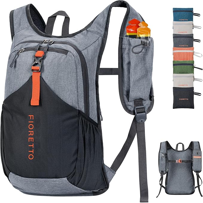 FIORETTO 15L Hiking Backpack for Women Men Mini Packable Backpack Lightweight Small Daypack for Camping Travel Outdoor, Grey and Black