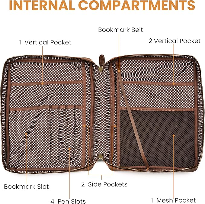 LEATHER VILLAGE Genuine Leather Bible Cover with Zipper for Men & Women - Large Bible Case Carrying Bag Book Cover & Organizer with Handle and Pockets - Leather Bible Covers for Church Study - Brown