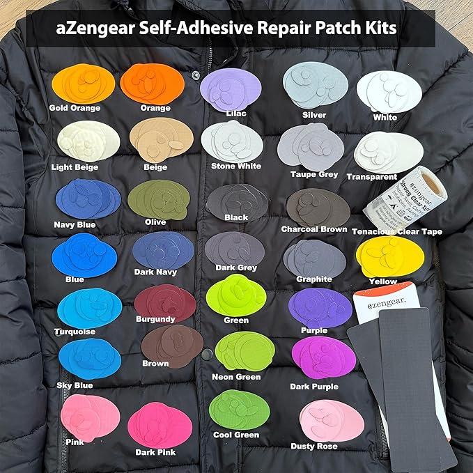 aZengear Jacket Repair Patches (2 Pack) - Self-Adhesive, Waterproof, Tear-Cold-Heat-Resistant Polyester to Fix Rips in Tents, Down Jackets, Puffers, Snowsuit, Shoe, Upholstery (Black)