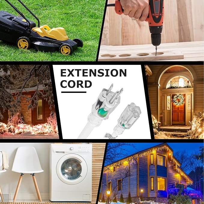 YOJOE Indoor Outdoor Extension Cord with Lighted End, 3 Prong 13A Weatherproof Power Cord, 16 Gauge Heavy Duty 20 ft White Extension Cord for Garage, Garden and Home, 16/3 SJTW UL Listed