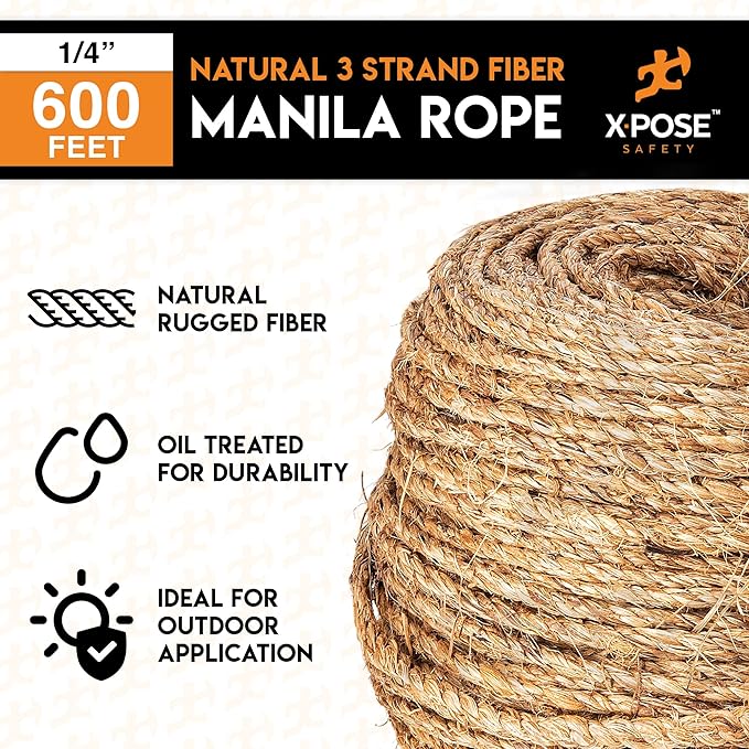 Manila Rope - 1/4 Inch 600' - 3 Strand Cordage Twisted Braided Rope - Thick Natural Fiber for Marine, Decorative for Crafts, Porch Column, Outdoor Pole Wrap, Tree Swing 6 Pack