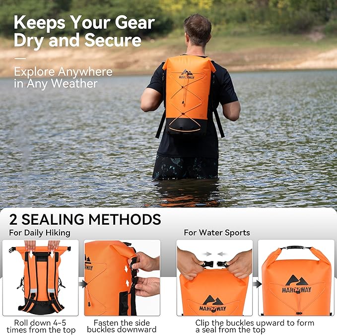 MARCHWAY Floating Roll Top Dry Bag, Flexible Lightweight TPU Waterproof Backpack 20L/30L/40L with Padded Straps for Boating, Kayaking, Swimming, Hiking, Beach (Orange, 40L)