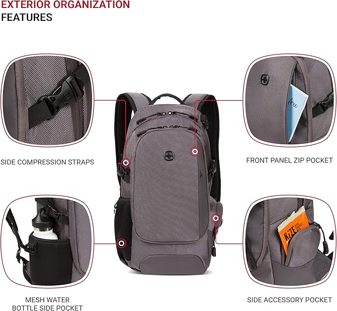 SwissGear 3598 Backpack, Narrow Daypack, Ideal for Commuting and School, Grey Ballistic