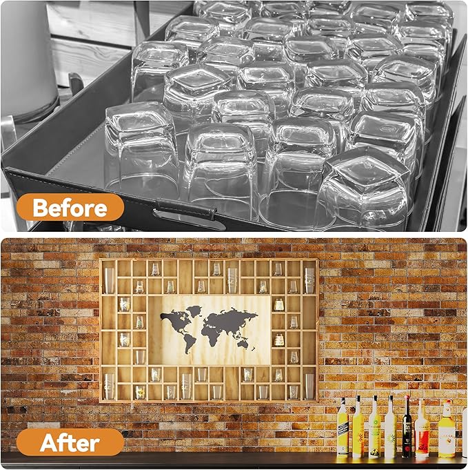 68 Large World Map Shot Glass Display Case Rustic Shot Glass Holder 37x 24.4in Brown Wood Shelf for 2 Different Sizes Glasses Shelf Wall Mount Storage Cabinet for Bar Home Kitchen