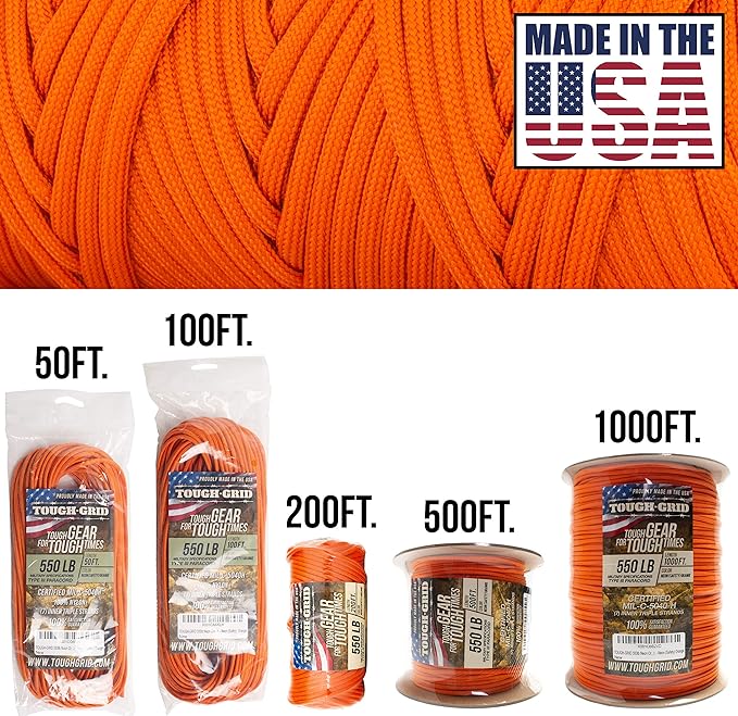 TOUGH-GRID 550 Paracord, Type III Mil-Spec Nylon Rope - 500 Ft Neon Orange Tactical Survival Cord