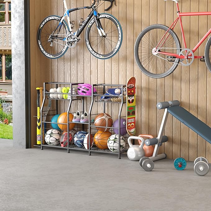 Garage Sports Equipment Organizer with Wheels - Ball Storage Rack with Elastic Rope or Wire Mesh,Garage Organizer System,Indoor/Outdoor Sports Rack for Sports Gear and Toys Storage,Black