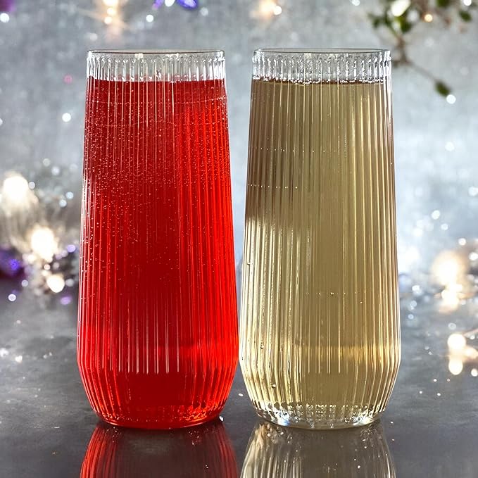 Oojami 48 Pack Ribbed Origami Ripple Plastic Glasses, 24 Stemless 9oz Champagne Flutes & 24 12oz Cups - Reusable BPA-Free Shatterproof Disposable Drinkware for Wedding Party Bar (Clear)