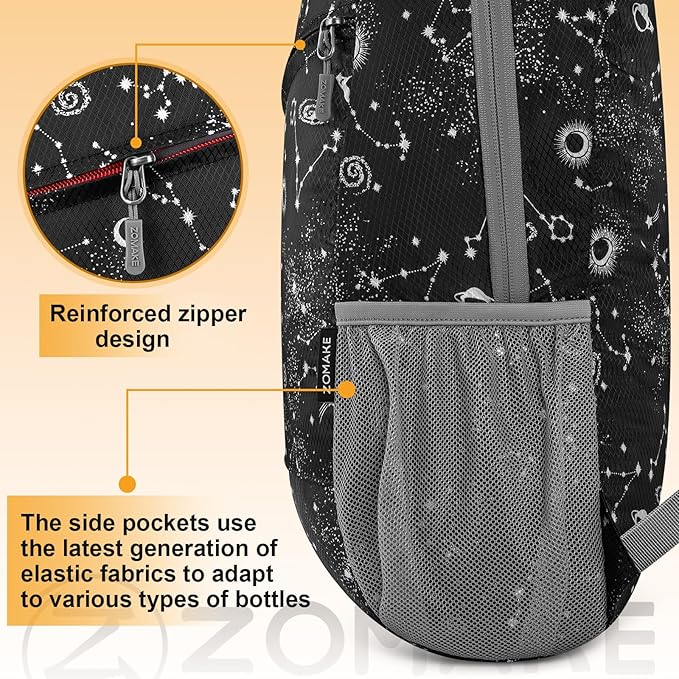 ZOMAKE Lightweight Packable Backpack,Foldable Backpacks Small Daypack for Hiking Water Resistant Day Bag for Travel(Starry sky print)