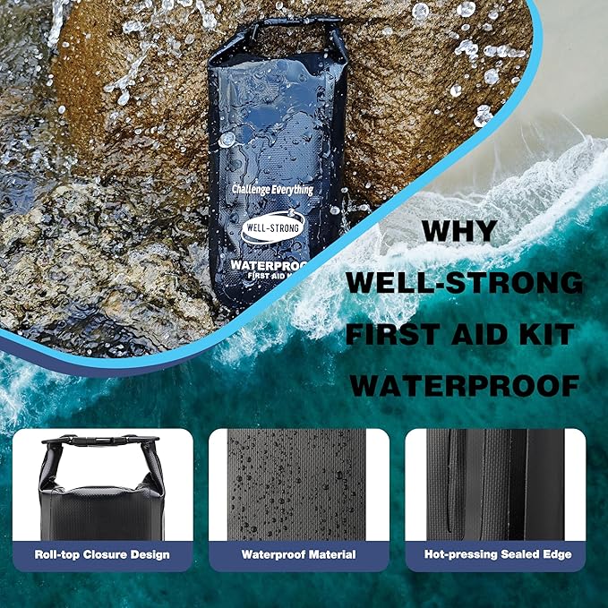 Boat First Aid Kit Waterproof, WELL-STRONG Marine Emergency Kit with Roll Top Dry Bag for Boating Fishing Kayaking – Water-Resistant Contents for Camping & Beach（Black）