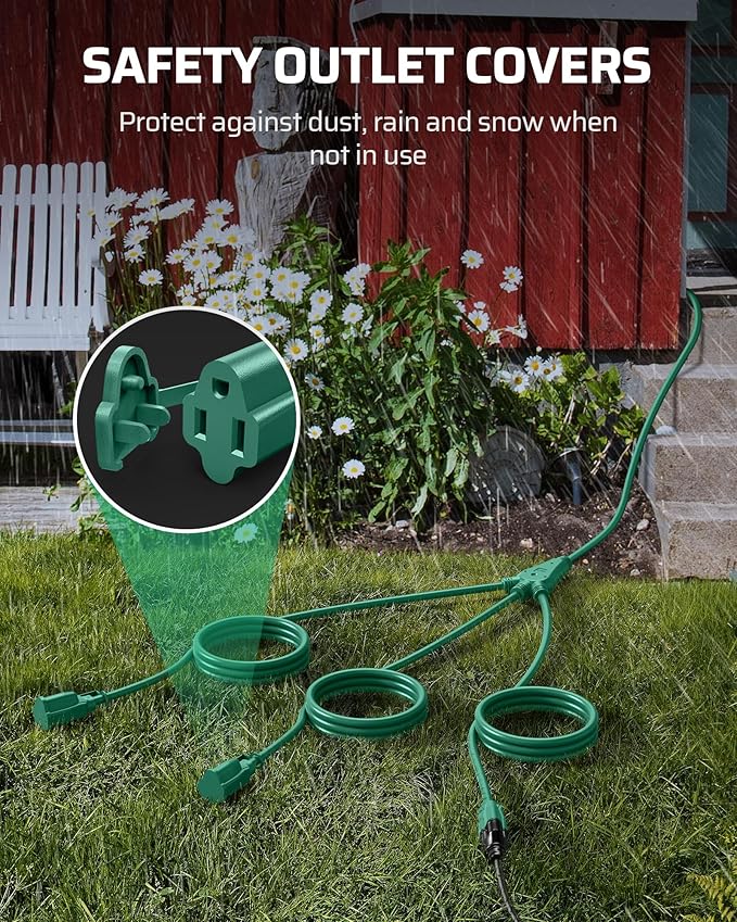 DEWENWILS 40 FT Total, Outdoor Extension Cord 1 to 3 Splitter for Lights, 3 Prong Outlets Plugs, Max 28ft End to End 16/3C SJTW Weatherproof Wire for Outdoor String Lights, ETL Listed,1 Pack