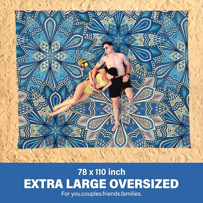 Famstar Beach Blanket Oversized Extra Large78 X 110",Waterproof Sandproof Beach Blanket 2-8 Adults Lightweight Durable for Travel Camping Hiking Picnic