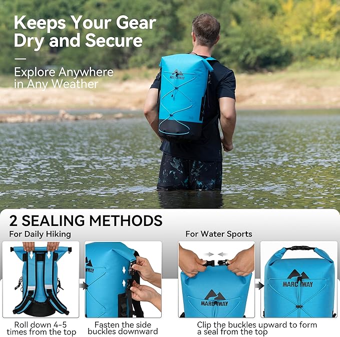 MARCHWAY Floating Roll Top Dry Bag, Flexible Lightweight TPU Waterproof Backpack 20L/30L/40L with Padded Straps for Boating, Kayaking, Swimming, Hiking, Beach (Blue, 40L)