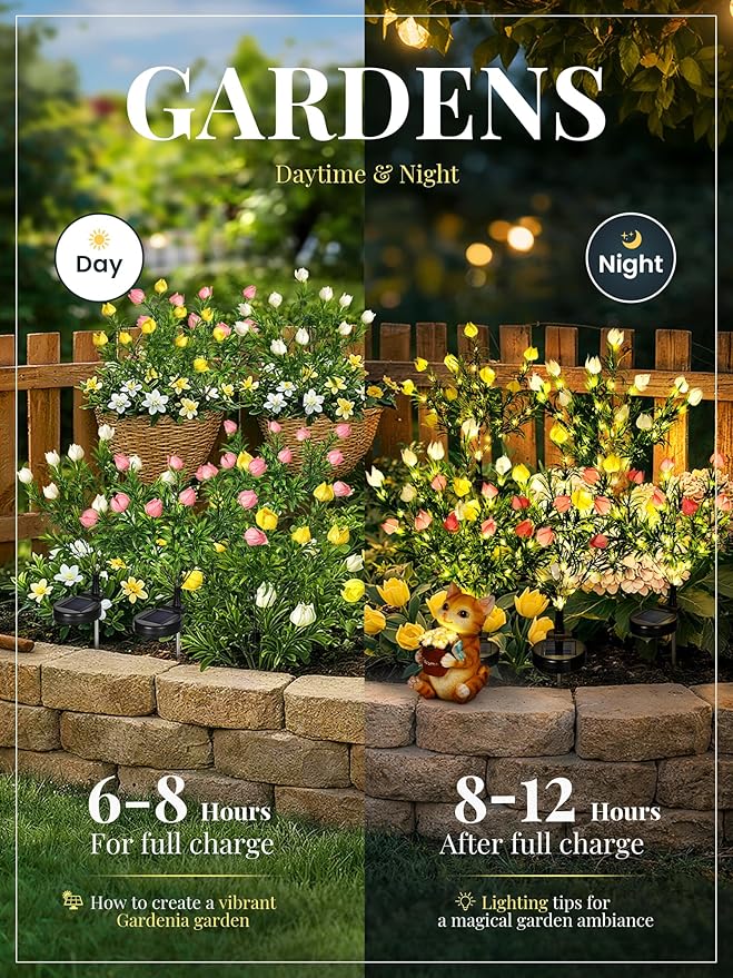 GIGALUMI Solar Garden Lights with Gardenias, 4 Pack LED Garden Decor Carefree Solar Flowers Outdoor Waterproof, Yard Decorations Outdoor, Allergy-Free Light up Flowers for Yard (2white+1yellow+1pink)