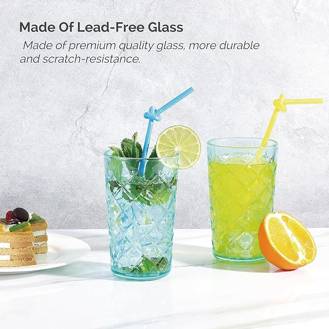CREATIVELAND Drinking Highball Glasses Set of 4, Vintage Cross Hatch Glass Cups, 15.5oz Tall Drinking Water Glasses, Dishwasher Safe Blue Glass Tumbler Glassware for Water, Juice, Cocktail, Coffee