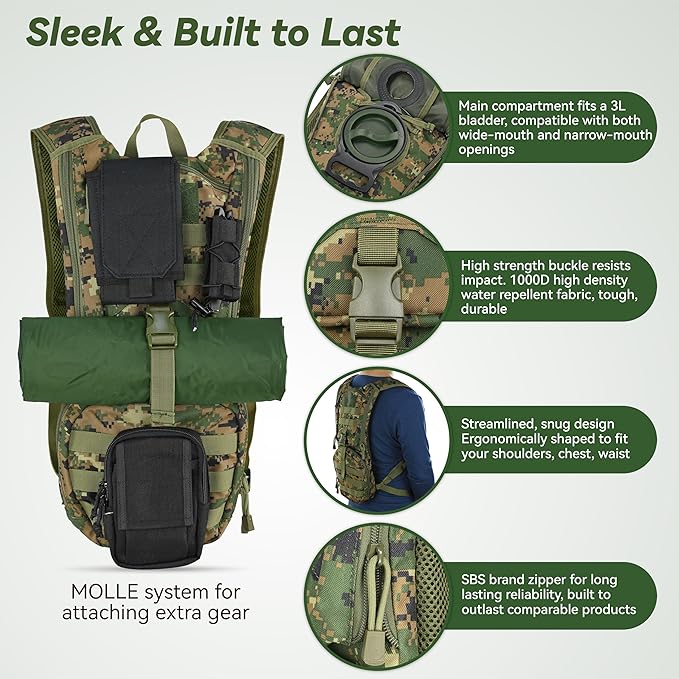 MARCHWAY Tactical Molle Hydration Pack Backpack with 3L TPU Water Bladder, Military Daypack for Cycling, Hiking, Running, Climbing, Hunting, Biking