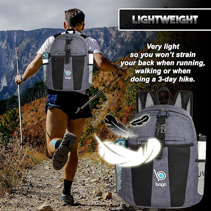 Bago Lightweight Backpack for Hiking Backpack for Women and Men - 25L Travel Day Pack - Foldable Hiking Daypack Ultralight for Camping Outdoor Sports - Packable Backpack for Travel (SnowBlack)