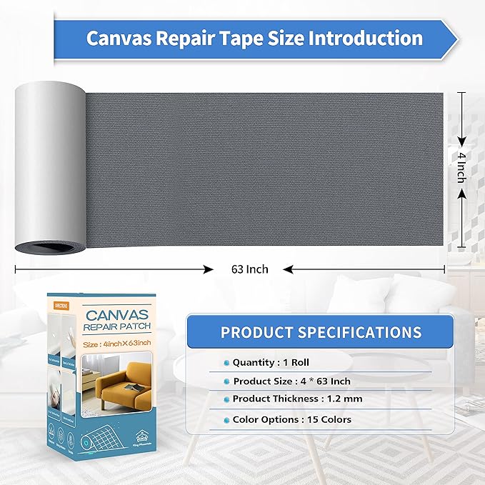 KING MOUNTAIN Canvas Repair Tape,Outdoor Gear Patch, 4×63 Inches,Waterproof,Self-Adhesive for Repairing Boat Covers,Sun Shades,Sofas,Tents,Lounge Chairs,Awnings (Charcoal Grey)
