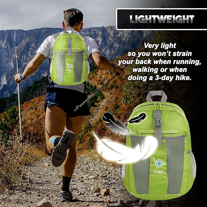 Bago Lightweight Small Hiking Backpack for Women and Men - 25L Travel Day Pack - Foldable Hiking Daypack Ultralight for Camping Outdoor Sports - Day Bag Packable Backpack for Travel (Green)