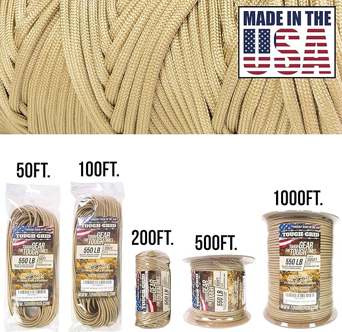 TOUGH-GRID 550 Paracord, Type III Mil-Spec Nylon Rope - 500 Ft Buckskin Tactical Survival Cord
