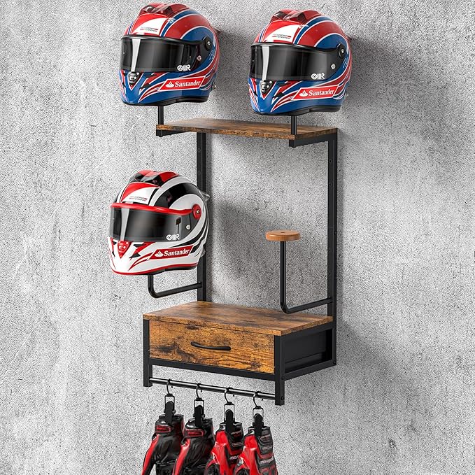 Motorcycle Helmet Holder Wall Mount, Helmet Rack with 4 Glove Clips, Motorcycle Gear Rack Storage, Motorcycle Accessories Organizer for Entryway or Garage