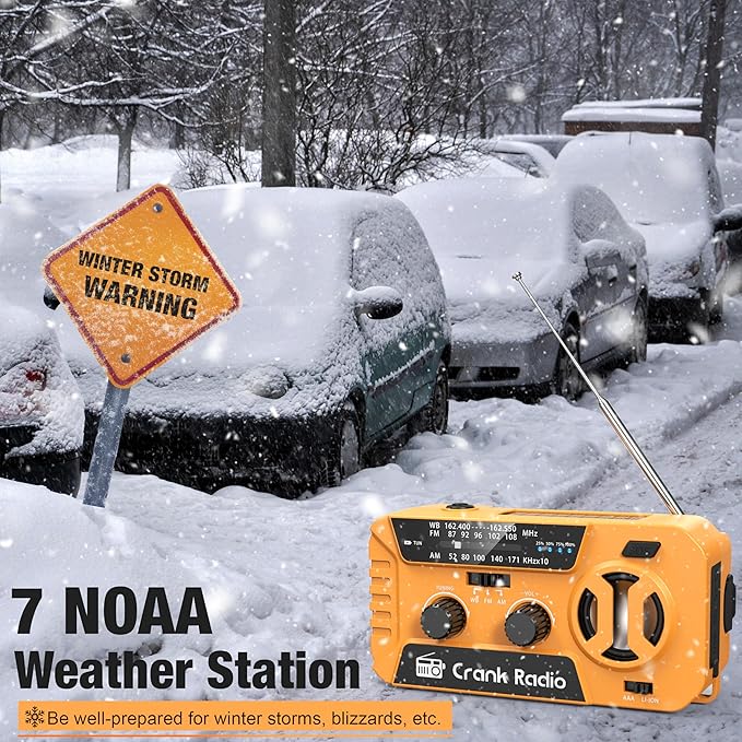 Emergency Weather Radio for Winter Storm, NOAA Weather Radio Hand Crank Emergency Radio with 7400mWh Power Bank, USB/Solar/Hand Crank, Battery Operated,Flashlight&SOS Alarm,for Emergency Survival Gear