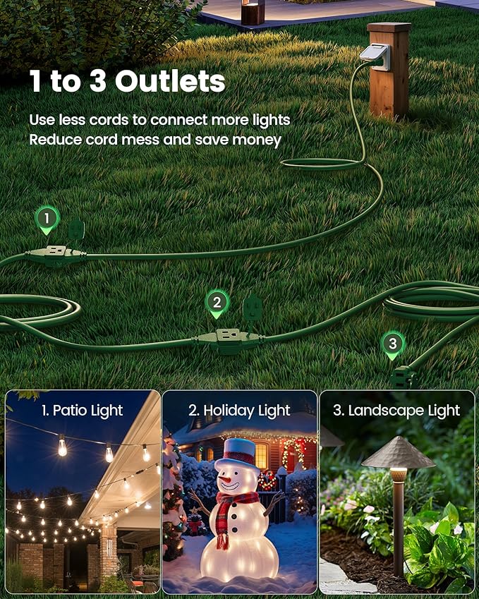 SURAIELEC 25 FT Outdoor Extension Cord with Multiple Outlets, 3 Outlet Multi Plug Power Cord, 16/3 Gauge SJTW, Weatherproof for Landscape, Christmas Tree Lights, Halloween, Holiday Decorations, Green