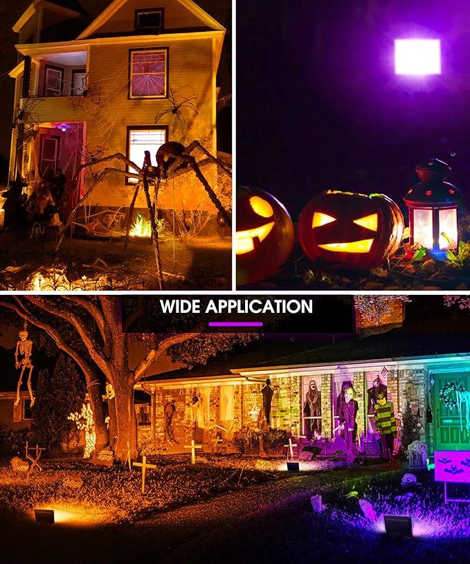 L LOHAS LED Orange and Purple Christmas Halloween Flood Light Outdoor, 2 Pack 𝑨𝒖𝒕𝒐 𝑶𝑵/𝑶𝑭𝑭 50W Plug in Flood Light, IP66 Waterproof, 2300lm Outdoor Flood Lights for Yard, Party, UL Listed