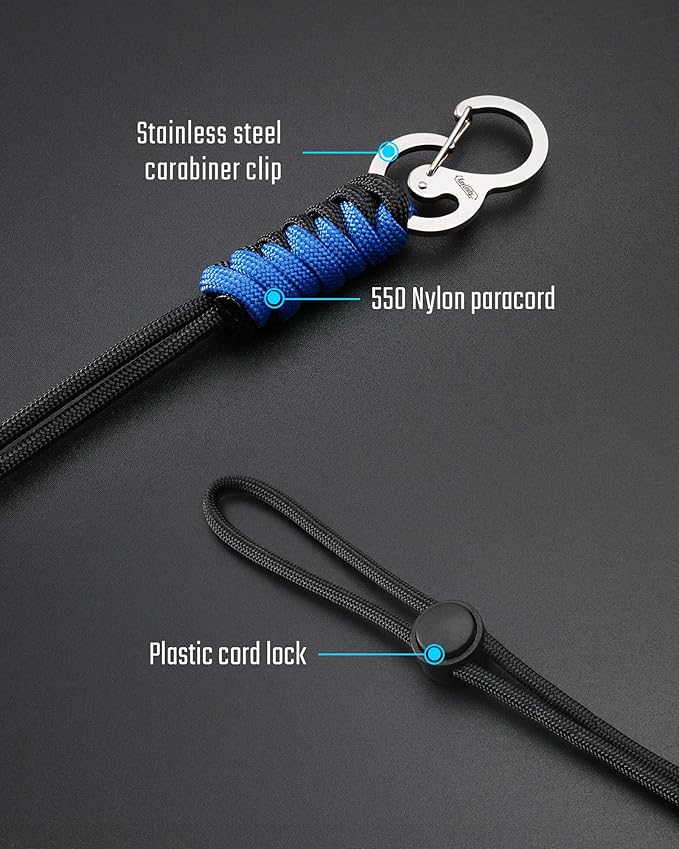 KeyUnity KC01 Braided Paracord Carabiner with Cord Lock, Keychain Phone Camera Bag Wrist Hand Strap for Daily & Outdoor
