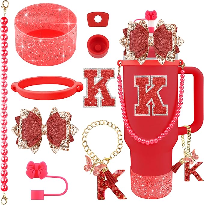 9PCS Red for Stanley Cup Accessories Set Bling Initials Bow Charms for Stanley Decorations 30/40 Oz Tumbler Accessories Including Bow Straw Topper, Handle Strap, Spill Stopper（Letter K）