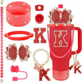 9PCS Red for Stanley Cup Accessories Set Bling Initials Bow Charms for Stanley Decorations 30/40 Oz Tumbler Accessories Including Bow Straw Topper, Handle Strap, Spill Stopper（Letter K）