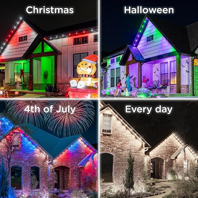 Enbrighten Vibe Eternity Permanent Outdoor Lights for House, 50ft, 36 RGBWIC LEDs, Close Spacing, 33lm, Color Changing, Christmas, Eave Lighting, Smart App, Works with Alexa, Google Home, 82730