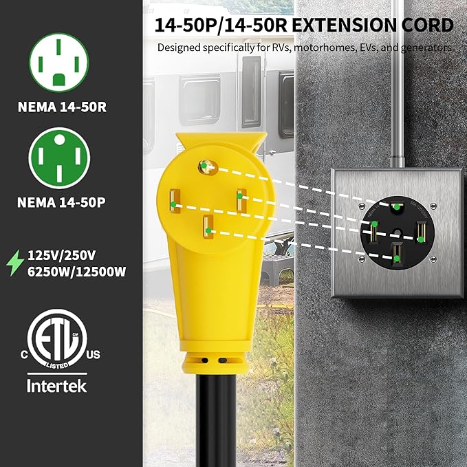 POWGRN NEMA 14-50P to NEMA 14-50R 25FT 50 Amp RV/EV Extension Cord Outdoor with Grip Handle, Flexible 4 Prong Heavy Duty RV Power Cord Waterproof, 50A 125/250V 6250/12500W STW, ETL Listed