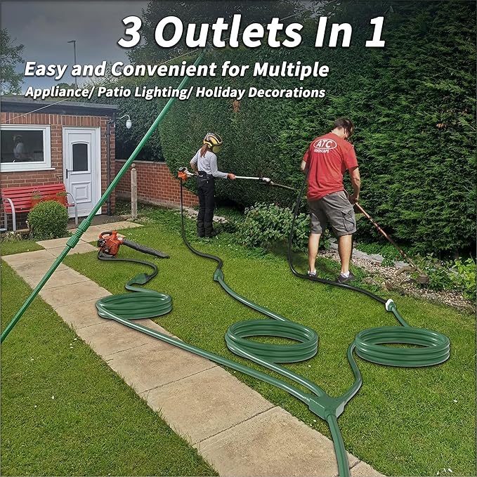 PlugSaf 1 to 3 Splitter Outdoor Extension Cord with Multiple Outlets; 40FT Total(22+6+6+6) 28FT End to End; 16/3 SJTW Green Extension Cord Outdoor Waterproof for Halloween Christmas; 16AWG 1625W ETL