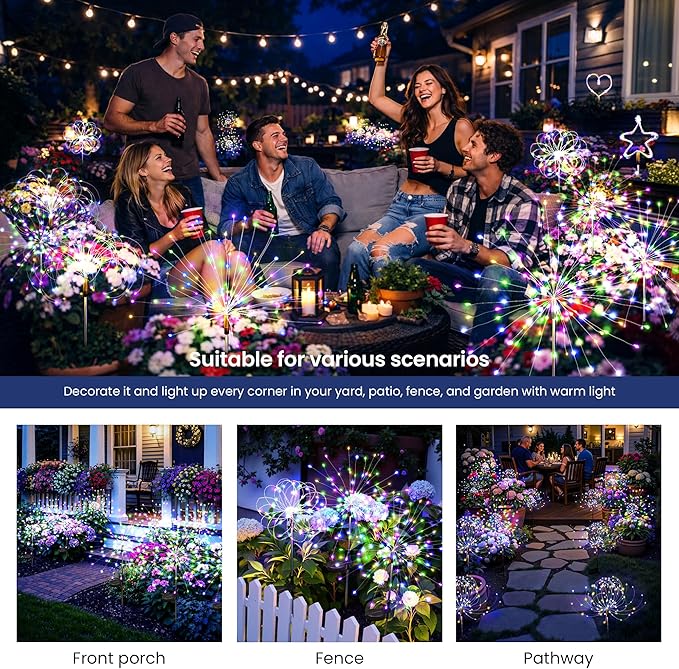 Solar Lights Outdoor, 120LED 6pack Fairy Garden Lights Decor for Outside Fireworks Lights Solar Powered for Yard, Patio, Pathway, Walkway, Balcony,Multicolor