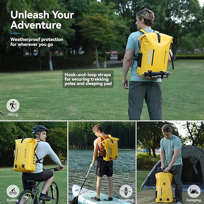 MARCHWAY Roll Top Waterproof Backpack, Floating Dry Bag 20L/30L/45L with Ergonomic Rectangular Base, Cushioned Back, Hip Strap for Hiking Camping Kayaking Travel (Yellow, 30L)