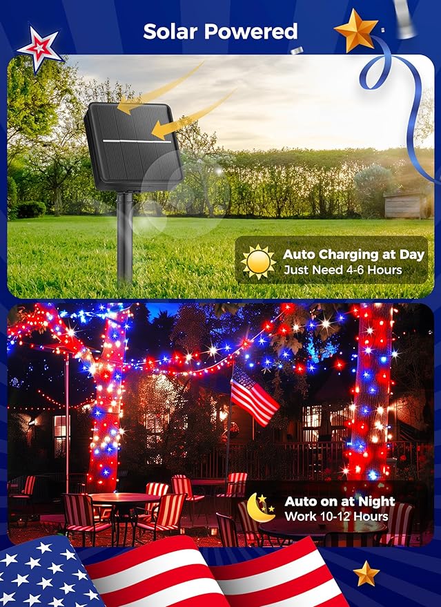 Minetom Red White Blue Lights, 2Pack Total 200 LED 80FT 4th of July Patriotic Lights 8 Modes, Waterproof Solar String Lights Outdoor,Solar String Lights for Outside Independence Day Memorial Day Decor