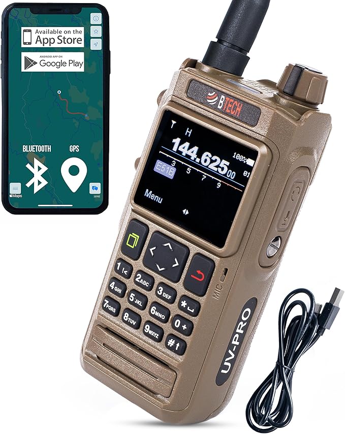 BTECH UV-PRO (TAN) IP67 Dual Band VHF/UHF Two-Way Radio - APRS, Bluetooth, GPS, Text Messaging, Aviation Band Scanner, NOAA Weather Alerts, USB-C Rechargeable Battery