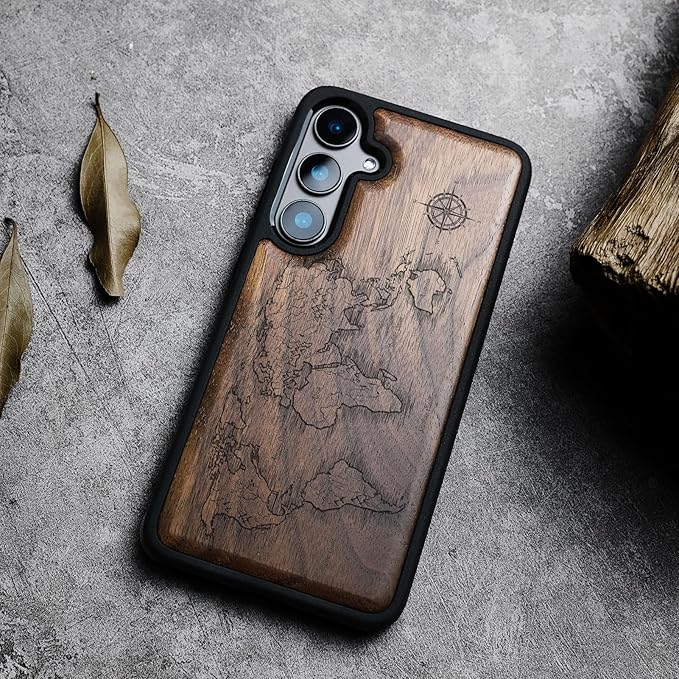 Carveit Wood Case for Galaxy S24 Plus Case [Natural Wood & Black Soft TPU] Shockproof Protective Cover Unique Wooden Design Compatible with S24 Plus (Compass Maps-Walnut)
