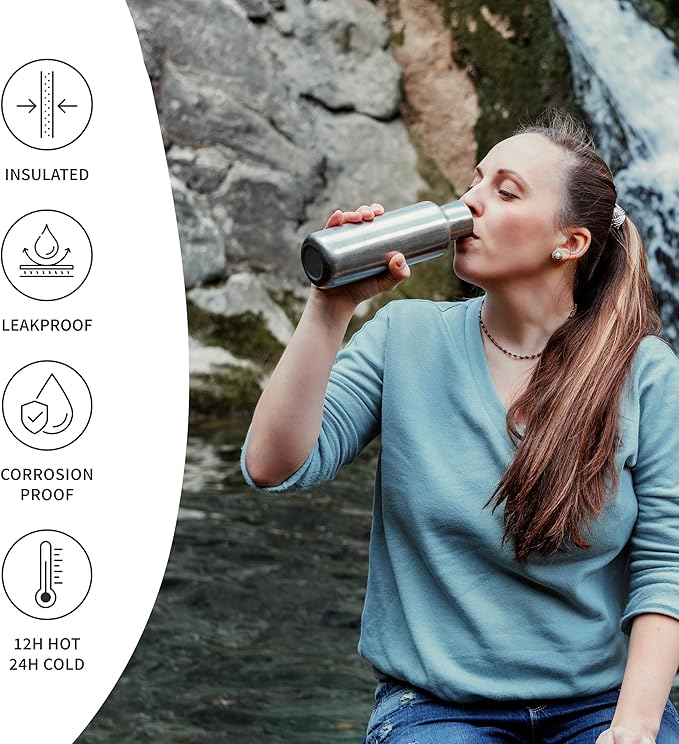 Bambaw Stainless Steel Insulated Water Bottle 32 oz, Stainless Steel Water Bottles 32 oz with Handle & Wide Mouth, Rust-Resistant Metal, Durable & Great for Travel (Natural Steel)