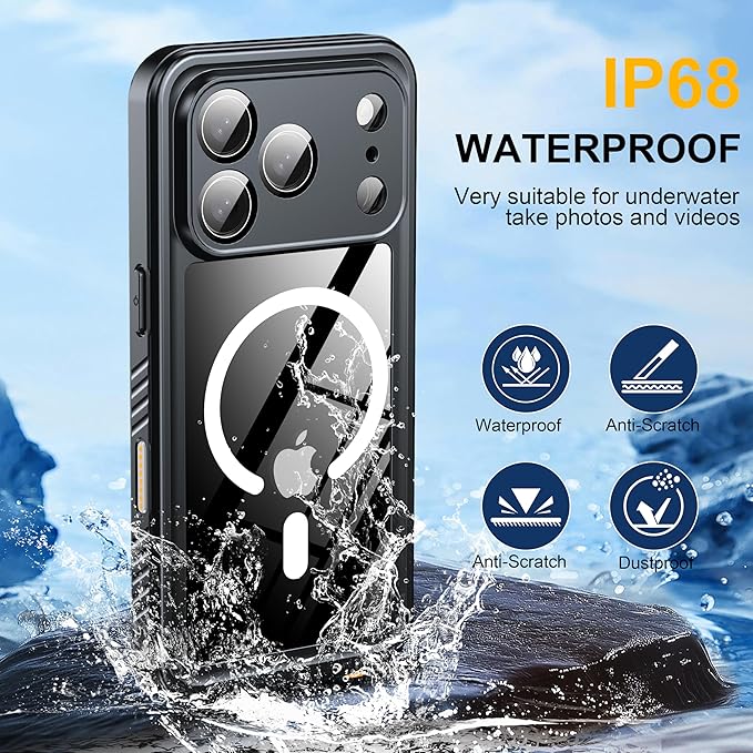 ANTSHARE for iPhone 17 Pro Case, Compatible with Magsafe, IP68 Waterproof Case, [Built-in Screen Protector] - 12 FT Military Dropproof - Full Body Heavy Duty Rugged Phone Cover - Black/Clear
