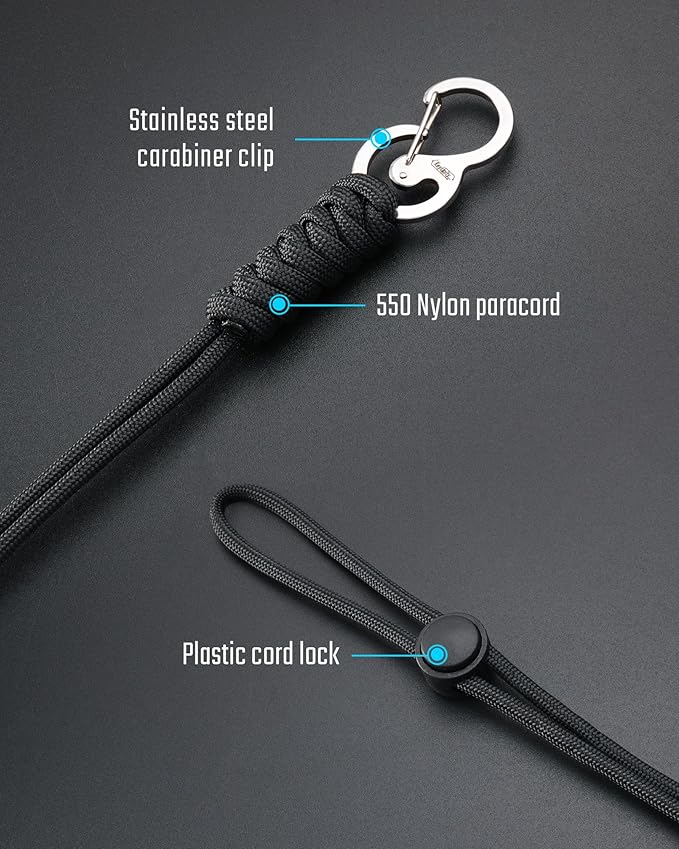KeyUnity KC01 Braided Paracord Carabiner with Cord Lock, Keychain Phone Camera Bag Wrist Hand Strap for Daily & Outdoor