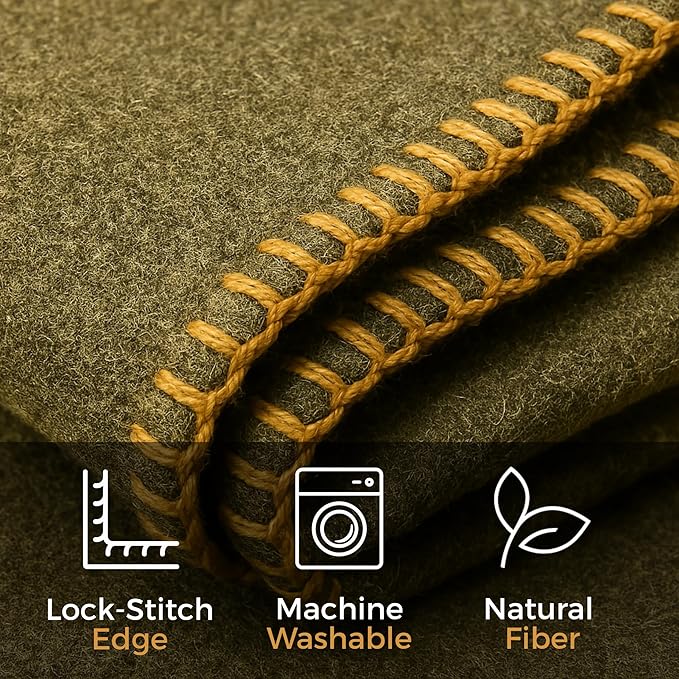 Wool Camping Blanket – 70% Wool Heavy-Duty Military Style Throw, Warm & Washable, Fire Retardant Cover for Emergency, Survival & Outdoor Use – Perfect for Camping, Car, Home & Hiking, Olive 62x84