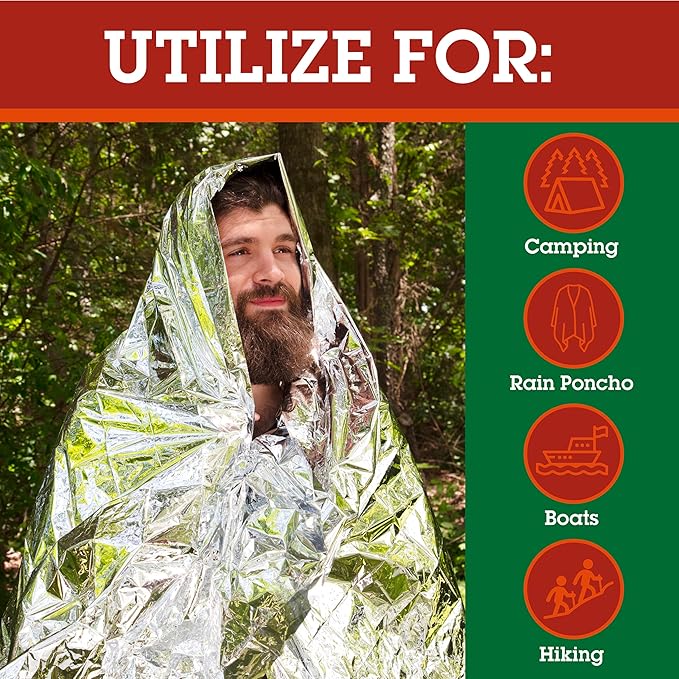 Grizzly Gear Emergency Mylar Thermal Blankets (12 Pack) Survival Kit Camping Space Blanket - Perfect for Hiking, Outdoors, Marathon Runs or First Aid Set- Bug Out Bag Essential - Keep Heat Insulated