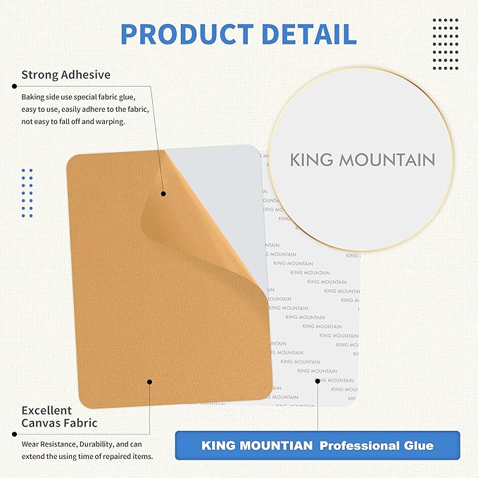 KING MOUNTAIN Canvas Repair Patch 9 x11 Inch 2 Pcs Self-Adhesive Waterproof Fabric Patch for Sofas, Tents, Furniture,Tote Bags, Car Seats (Light Brown)